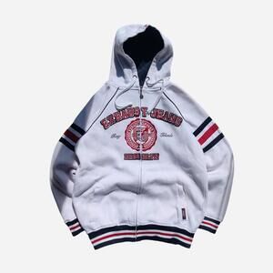 Y2K Exhaust Jeans white zip up hoodie with embroidered details